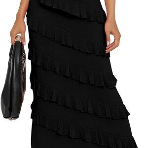 Women's Sexy Maxi Bodycon Skirt High Waisted Ruffle Mesh Party Long Skirts